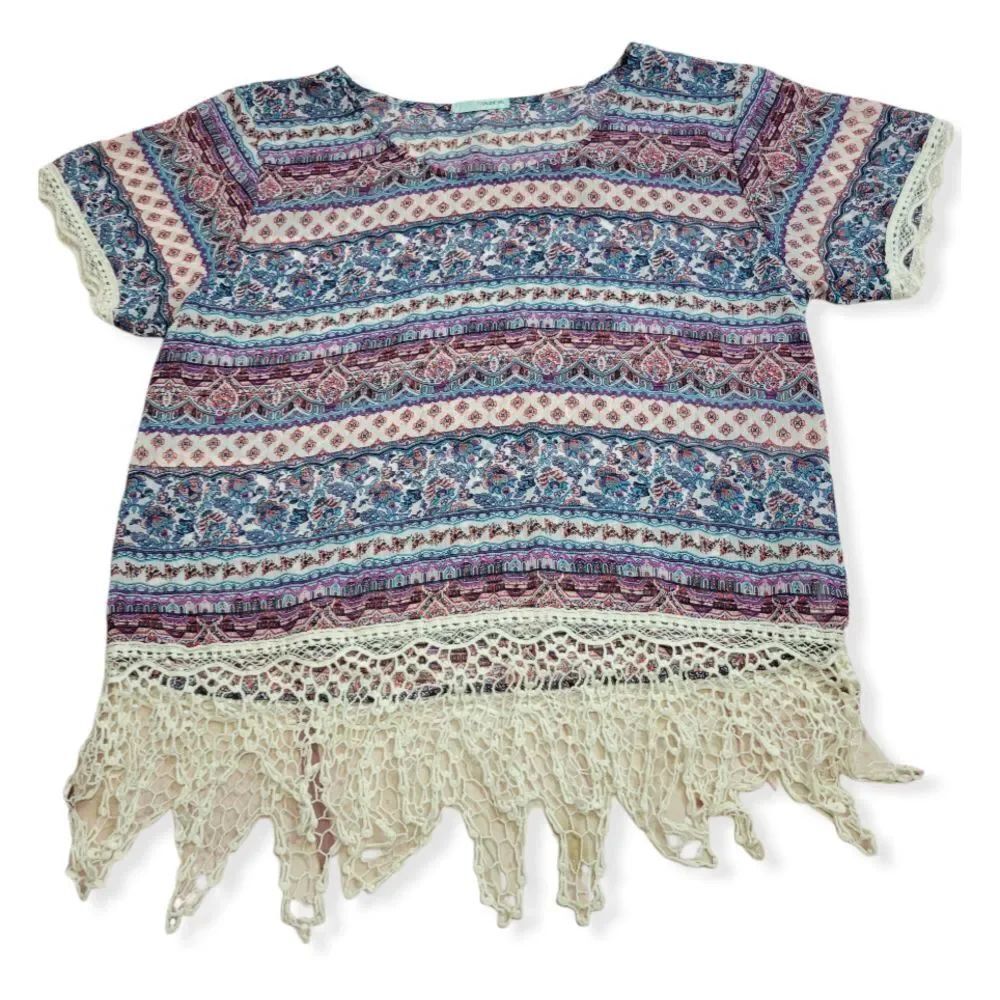 Maurices print blouse with fringe hem L